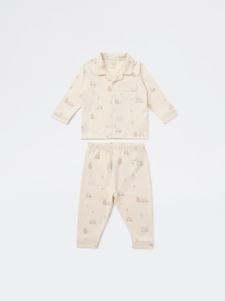 HOP Baby Boys Beige Printed SUPIMA Cotton Shirt and Pants Set