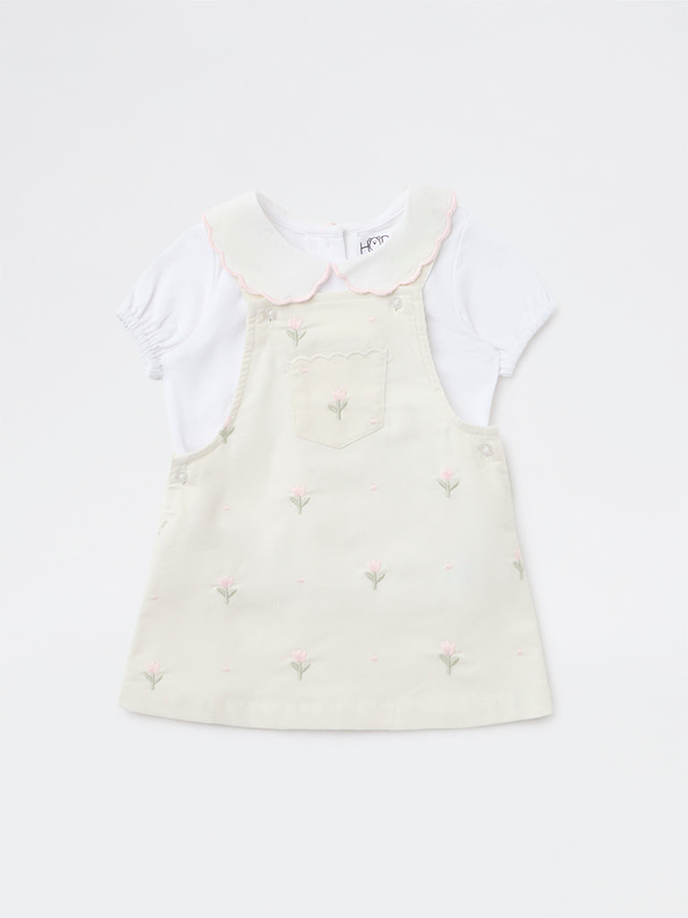 HOP Baby Girls Off-White Cotton T-Shirt and Pinafore Set