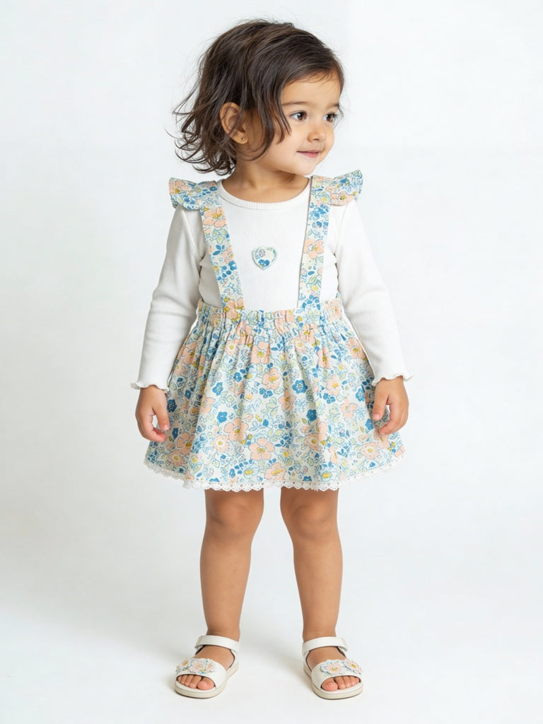 HOP Baby Girls Blue Floral Cotton-Blend Pinafore with T-Shirt Set