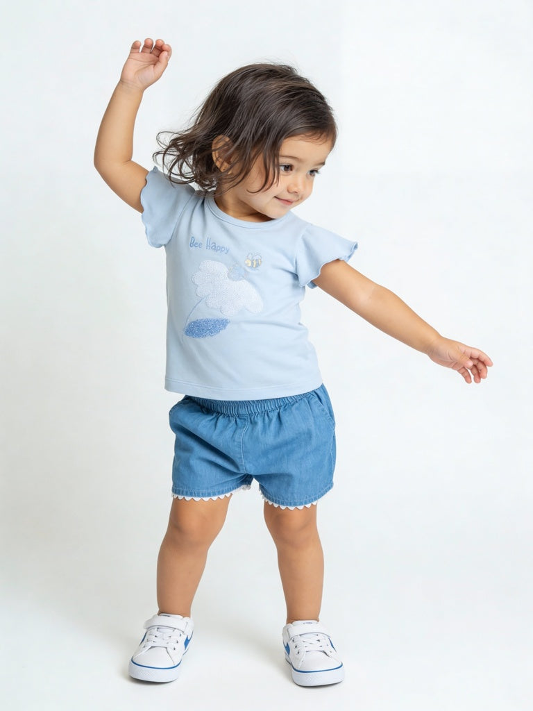 HOP Baby Girls Blue Floral Cotton T-Shirt and Shorts Set
