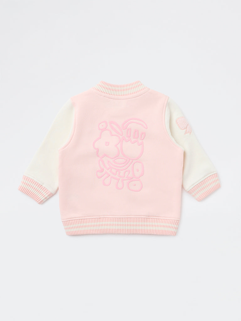 HOP Baby Girls Pink Embroidered Cotton-Blend Varsity Jacket