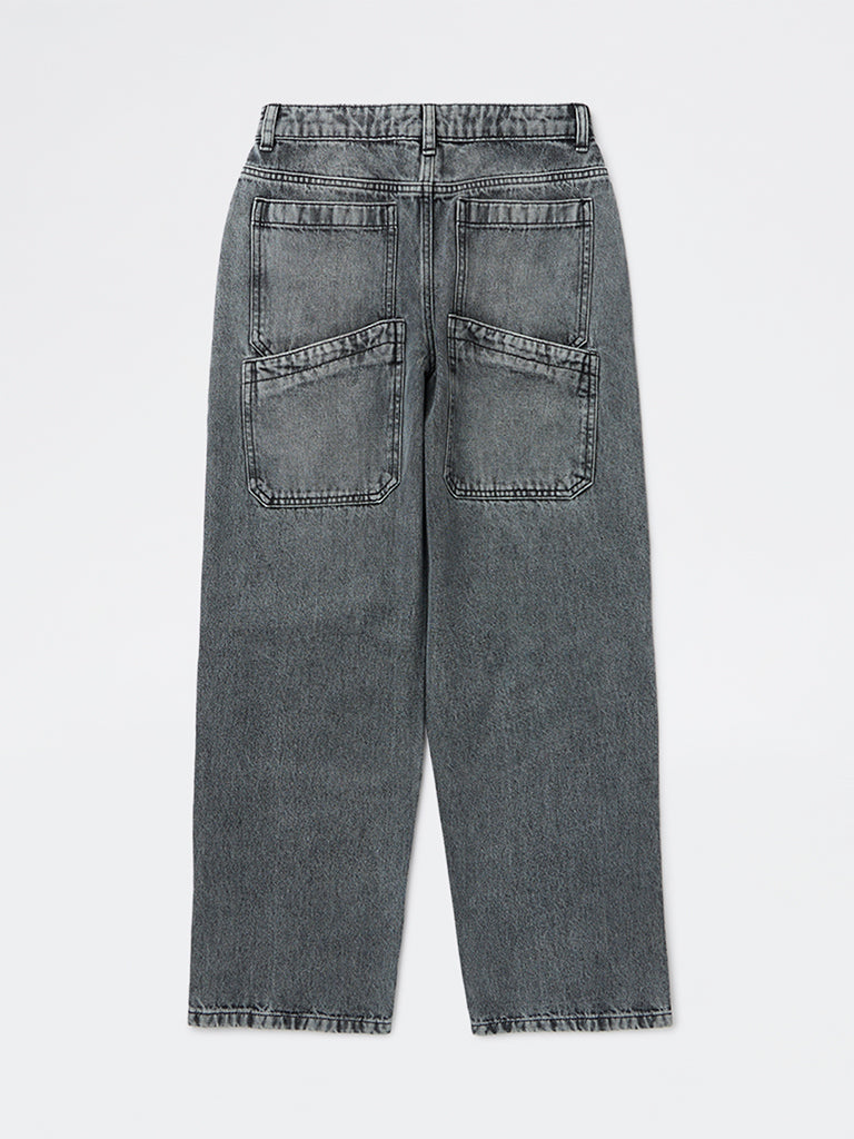 Boys Charcoal Washed Relaxed-Fit Mid-Rise Jeans