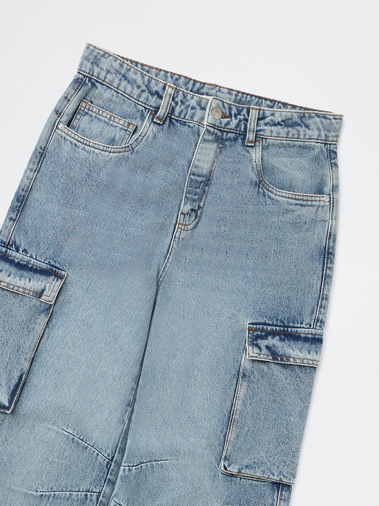 Boys Light Blue Washed Mid-Rise Jeans