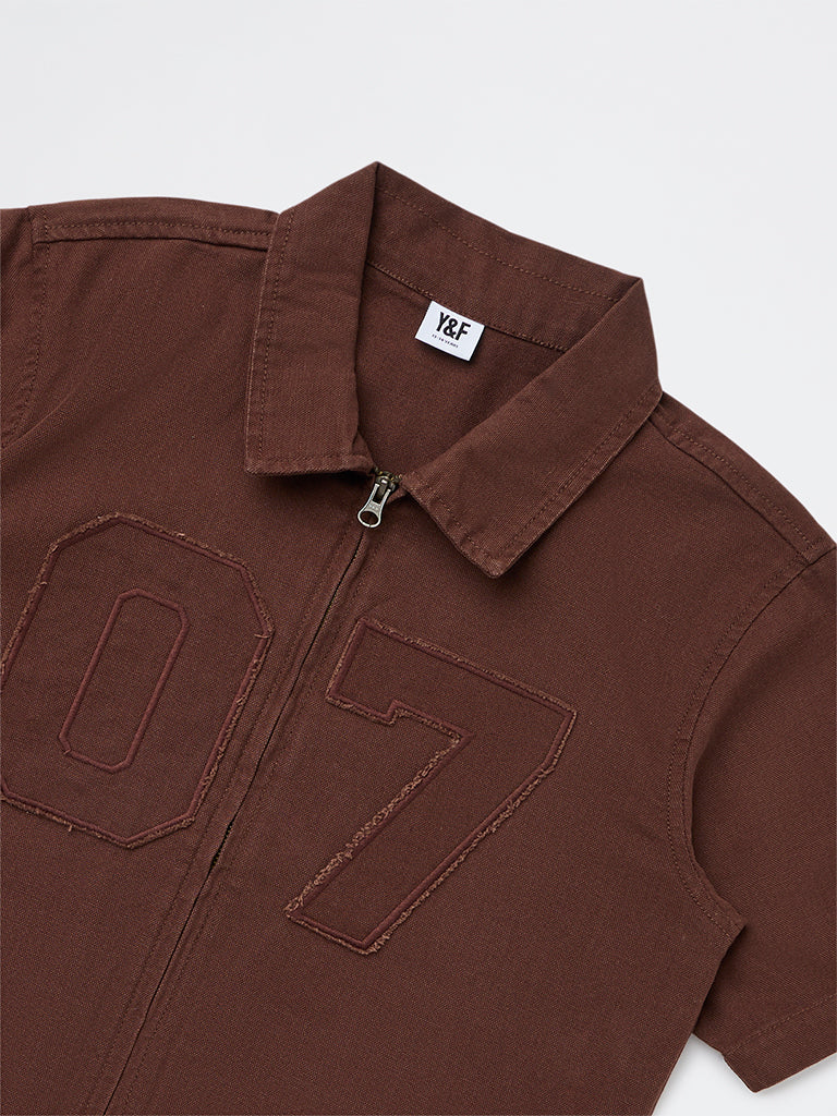Boys Brown Numerical Embroidered Cotton Shirt