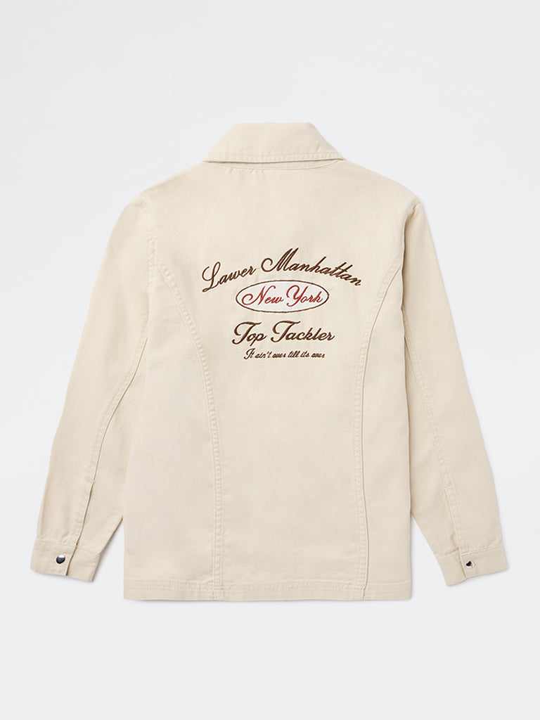 Boys Beige Text Detailed Denim Jacket