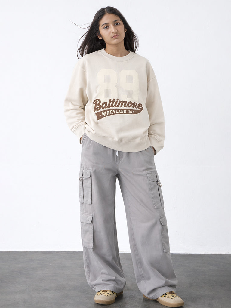 Girls Beige Printed Cotton-Blend Sweatshirt