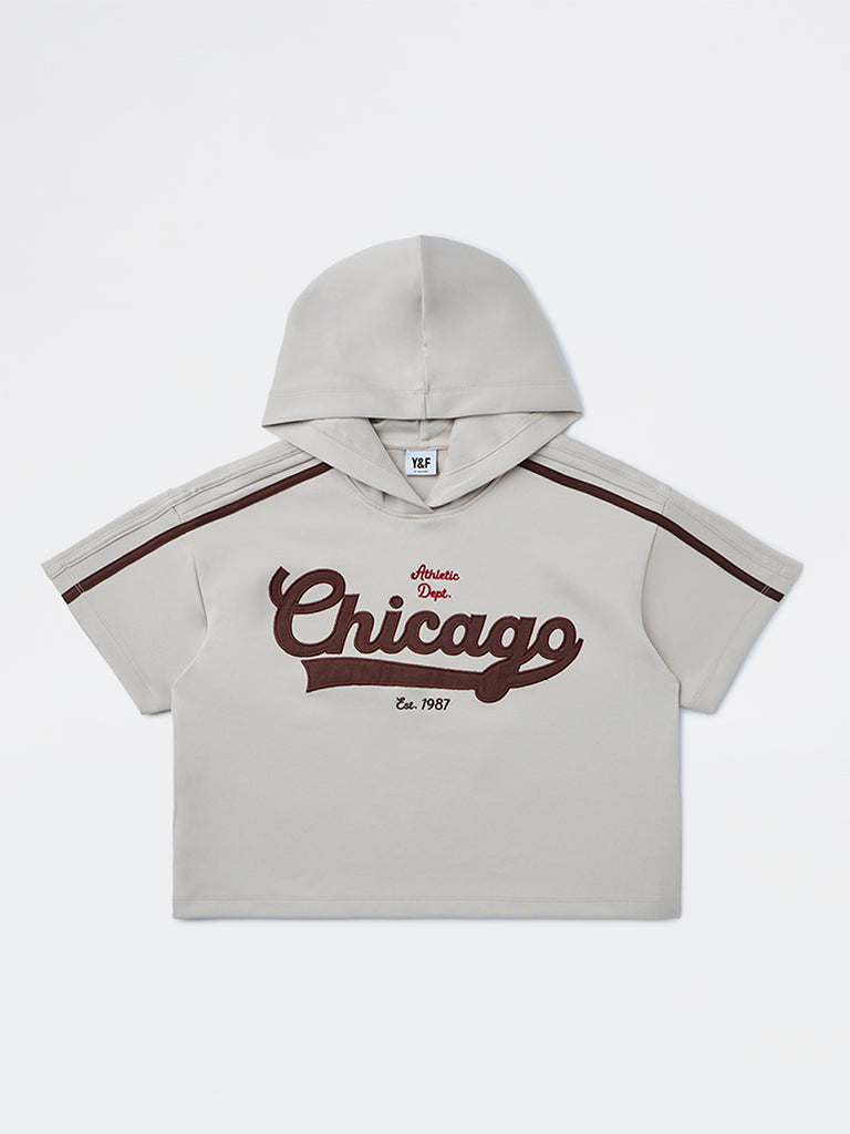 Girls Beige Text-Printed Hoodie