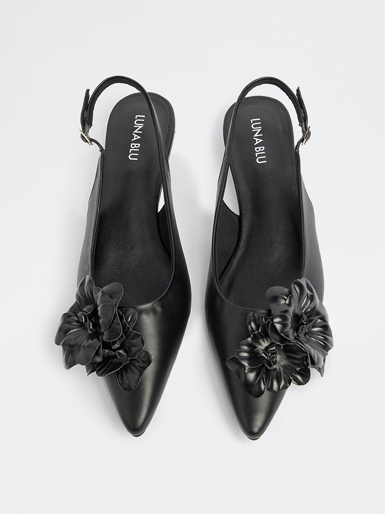 LUNA BLU Black Floral Detailed Pointed Toe Mules