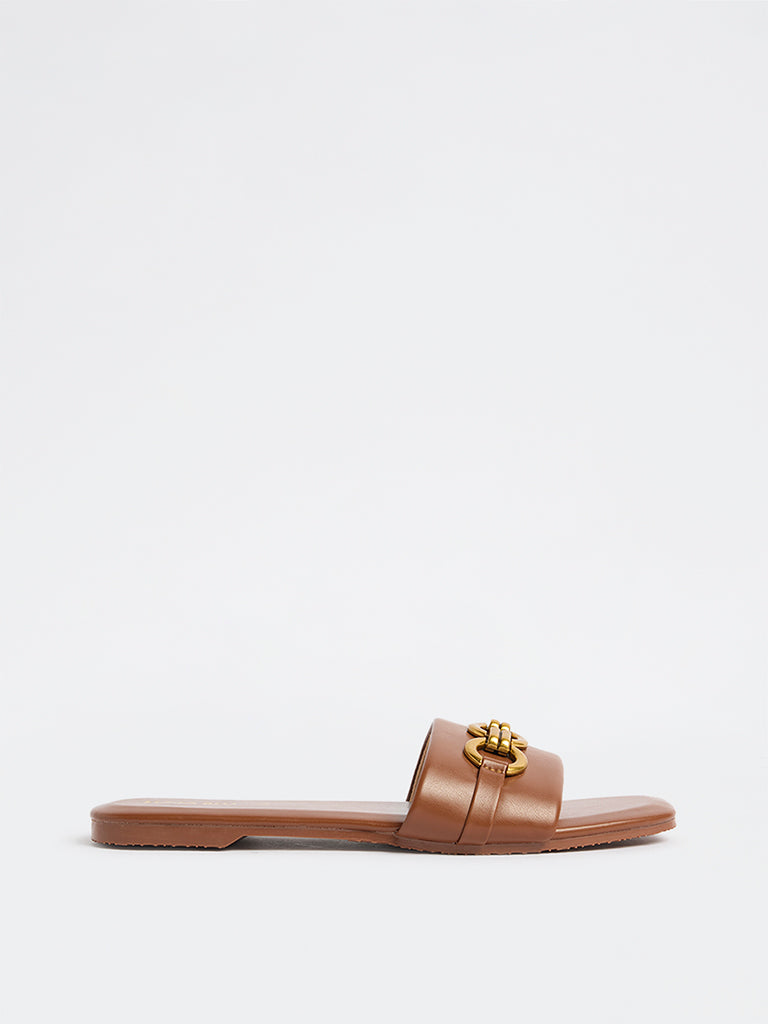LUNA BLU Tan Buckle-Detailed Slides
