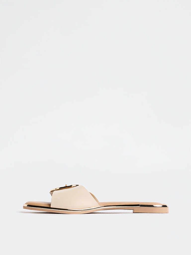 LUNA BLU Cream Buckle-Detailed Slides