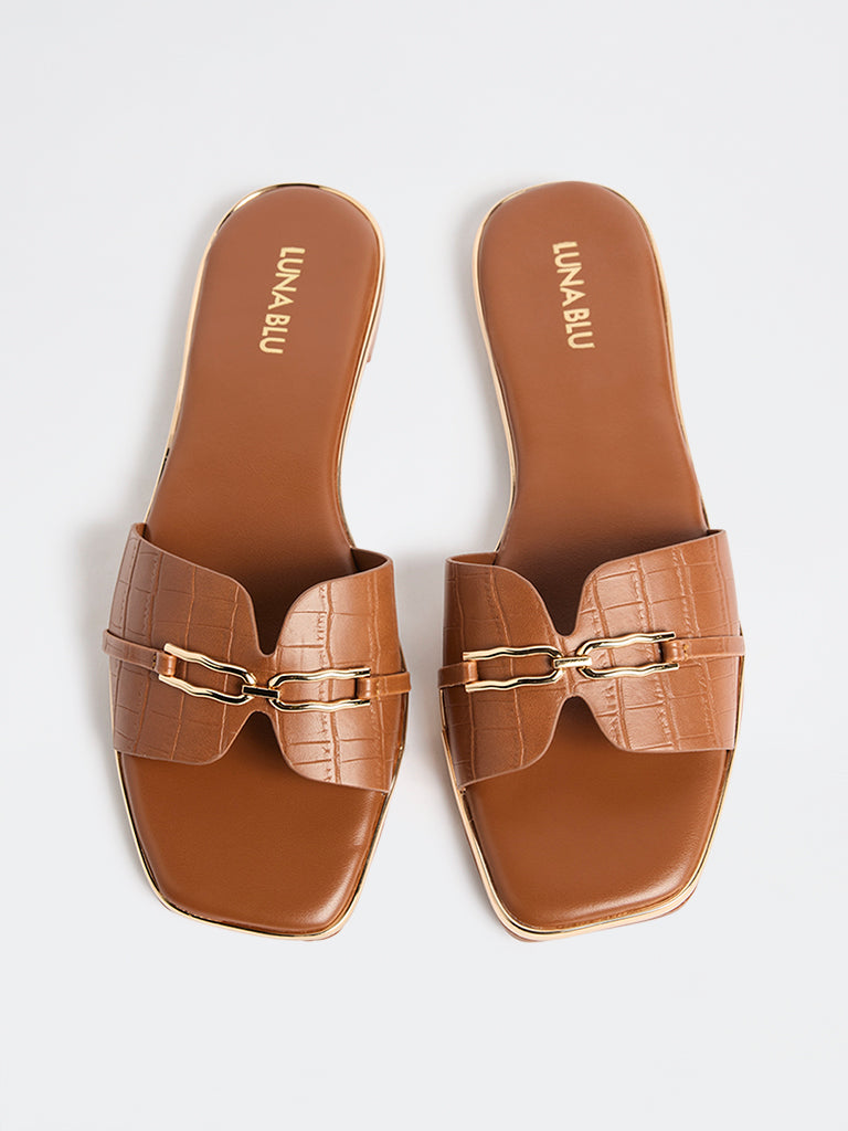 LUNA BLU Tan Buckle-Detailed Slides