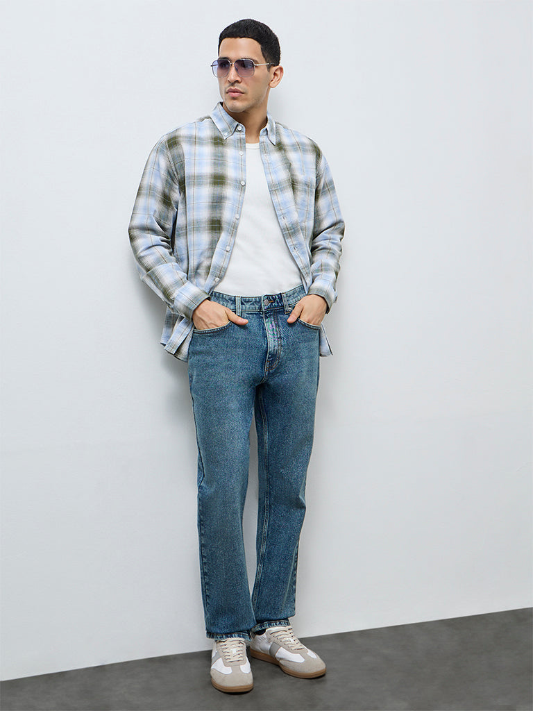 WES Casuals Blue Faded Relaxed-Fit Mid-Rise Jeans