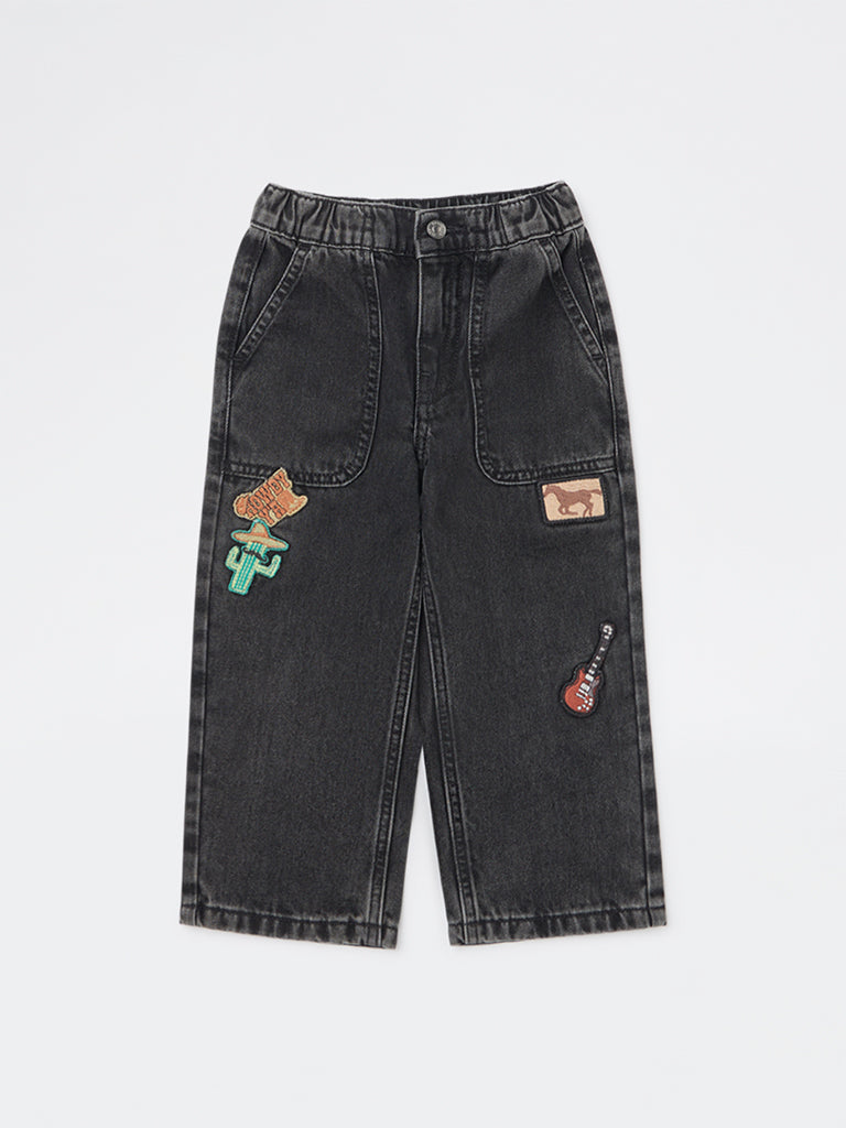 HOP Kids Boys Charcoal Embroidered Mid-Rise Jeans