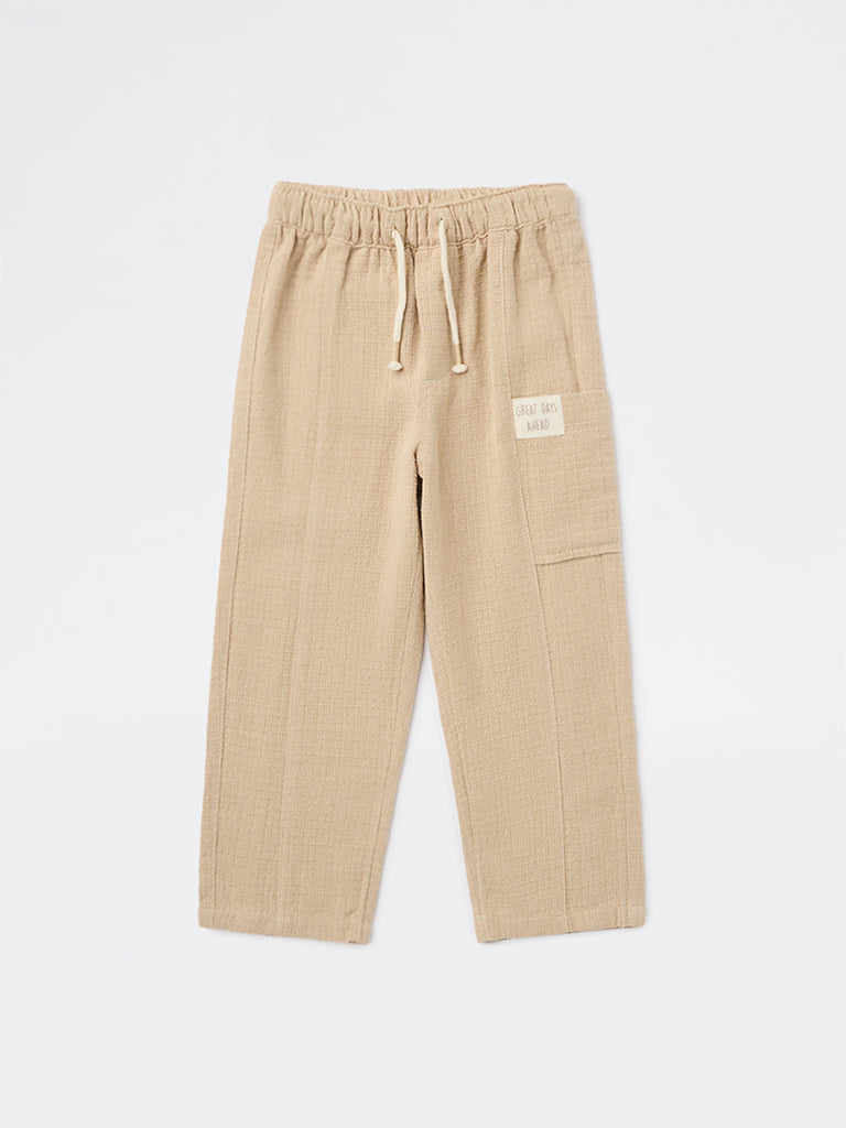 HOP Kids Boys Beige Textured Mid-Rise Cotton Pants