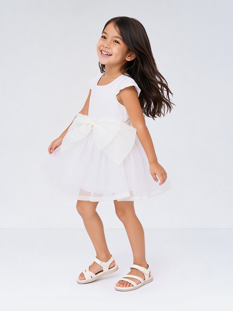 HOP Kids Girls White Bow-Detail Fit and Flare Dress