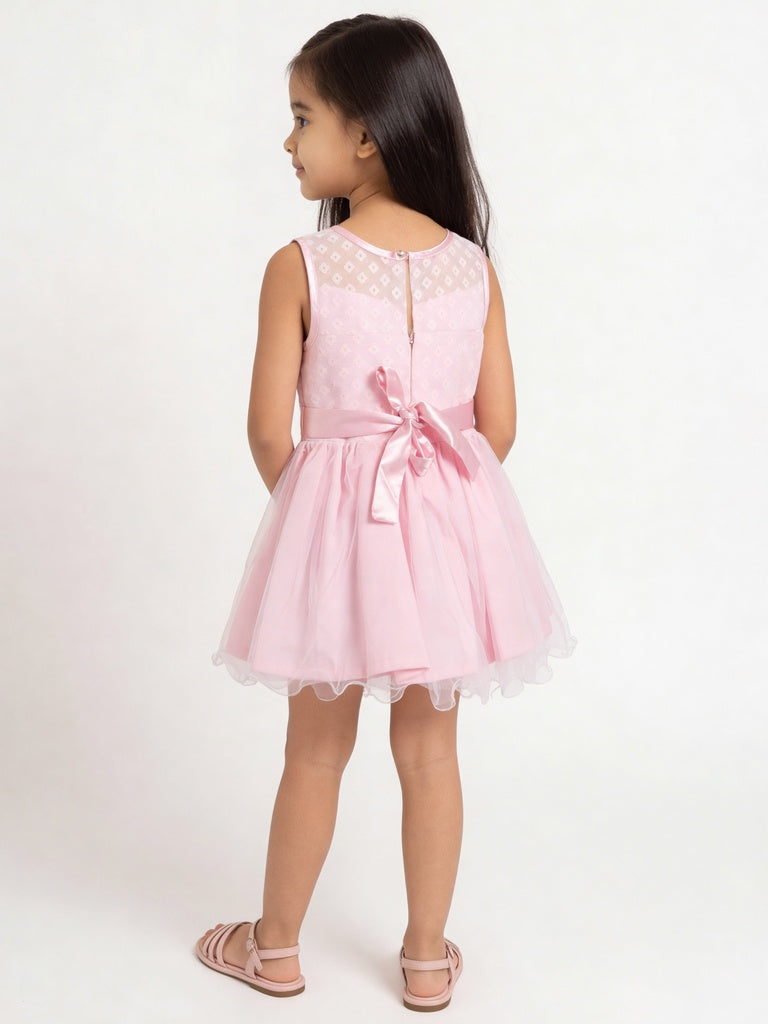 HOP Kids Girls Peach Satin Bow Fit And Flare Dress