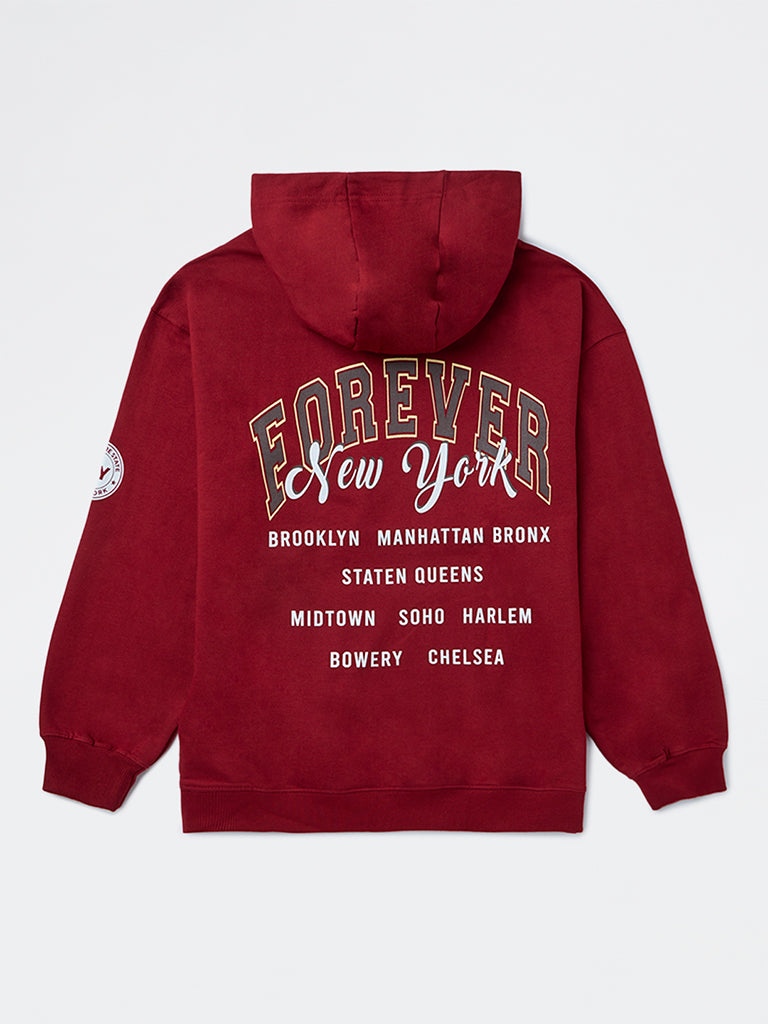 Boys Red Graphic Printed Cotton Hooded Sweatshirt