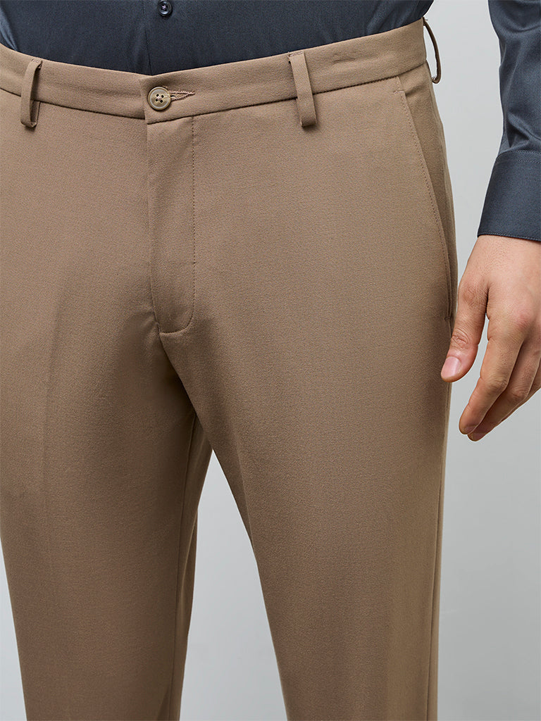 WES Formals Khaki Slim-Fit Mid-Rise Trousers