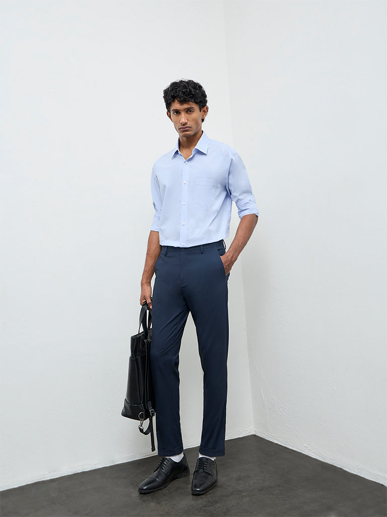WES Formals Navy Solid Slim-Fit Mid-Rise Trousers