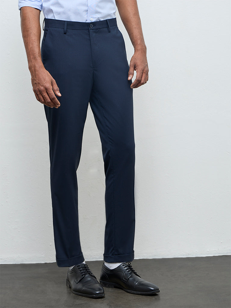 WES Formals Navy Solid Slim-Fit Mid-Rise Trousers