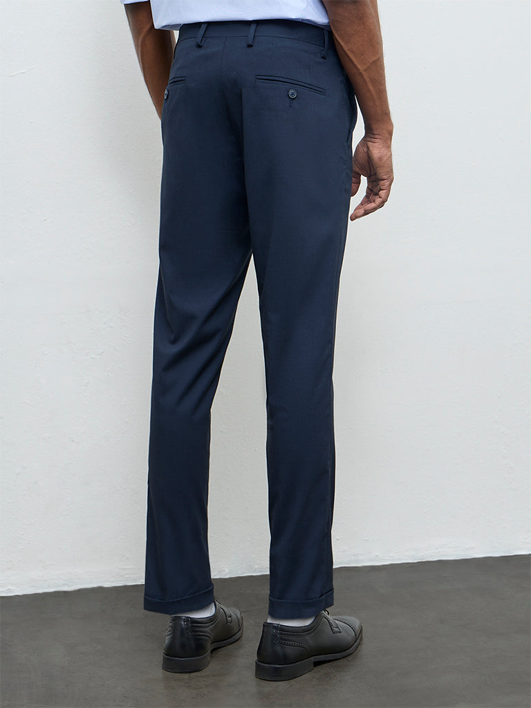 WES Formals Navy Solid Slim-Fit Mid-Rise Trousers