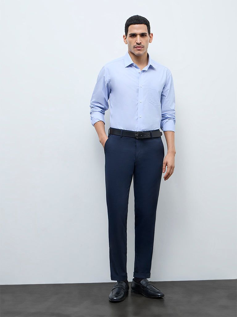 WES Formals Navy Slim-Fit Mid-Rise Trousers