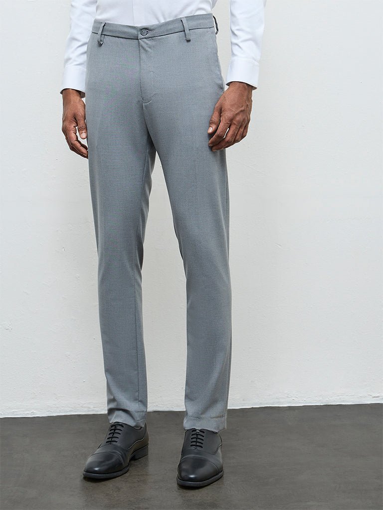 WES Formals Grey Solid Slim-Fit Mid-Rise Trousers