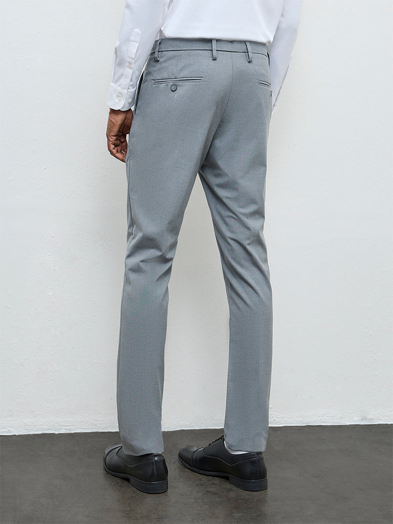 WES Formals Grey Solid Slim-Fit Mid-Rise Trousers