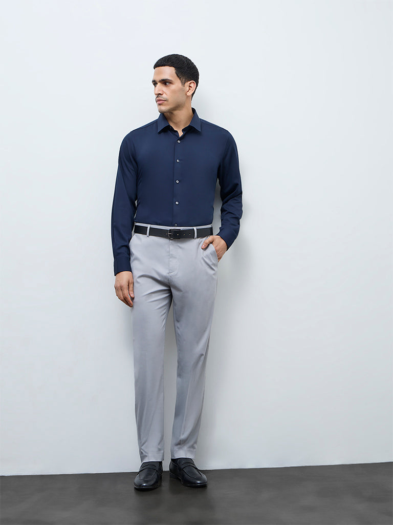 WES Formals Light Grey Relaxed-Fit Mid-Rise Trousers