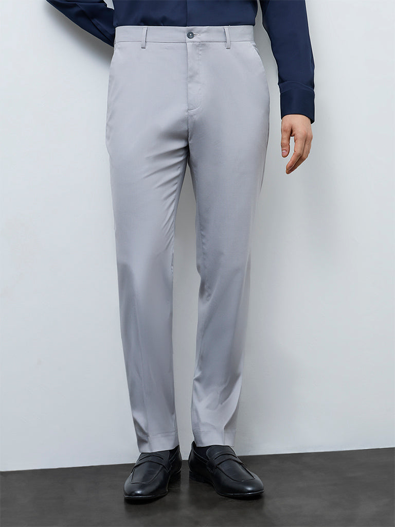 WES Formals Light Grey Relaxed-Fit Mid-Rise Trousers