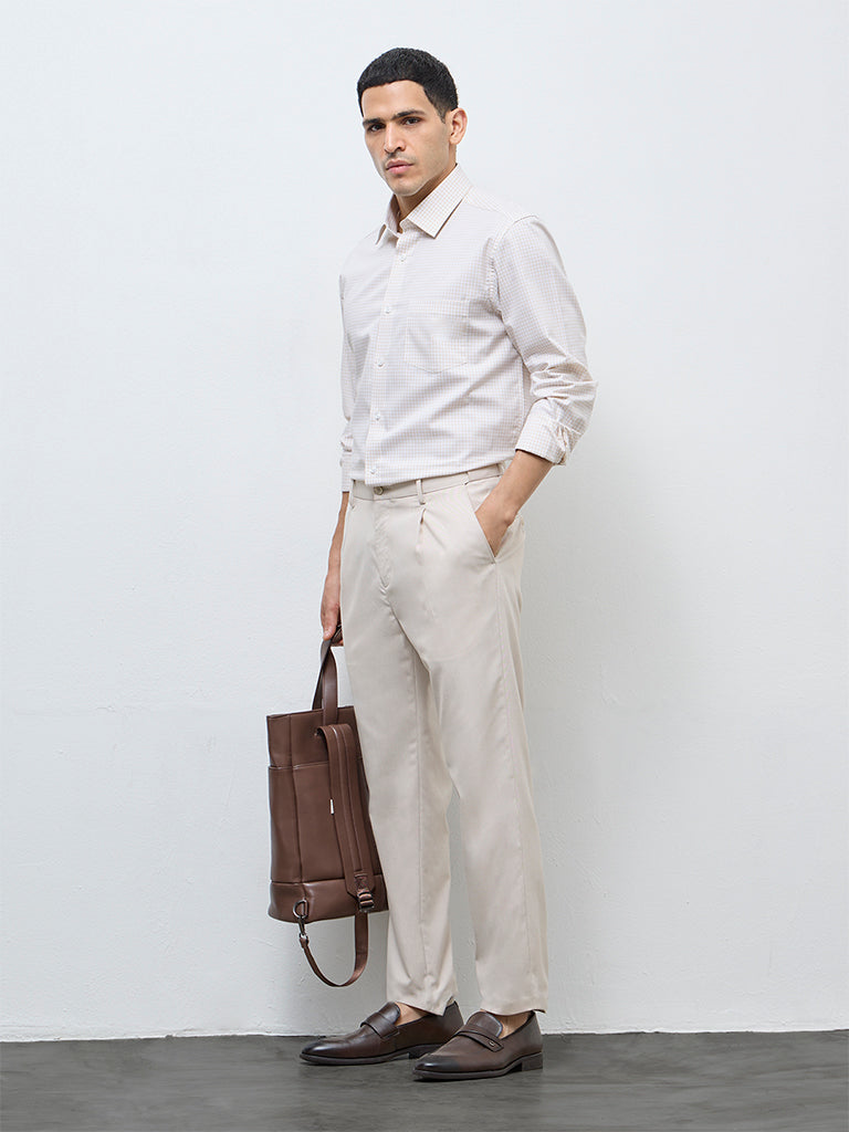 WES Formals Beige Checkered Relaxed-Fit Cotton Shirt