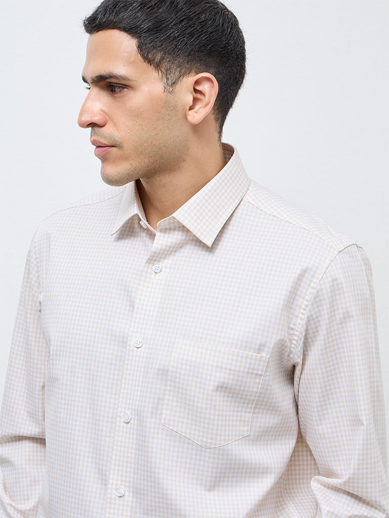 WES Formals Beige Checkered Relaxed-Fit Cotton Shirt