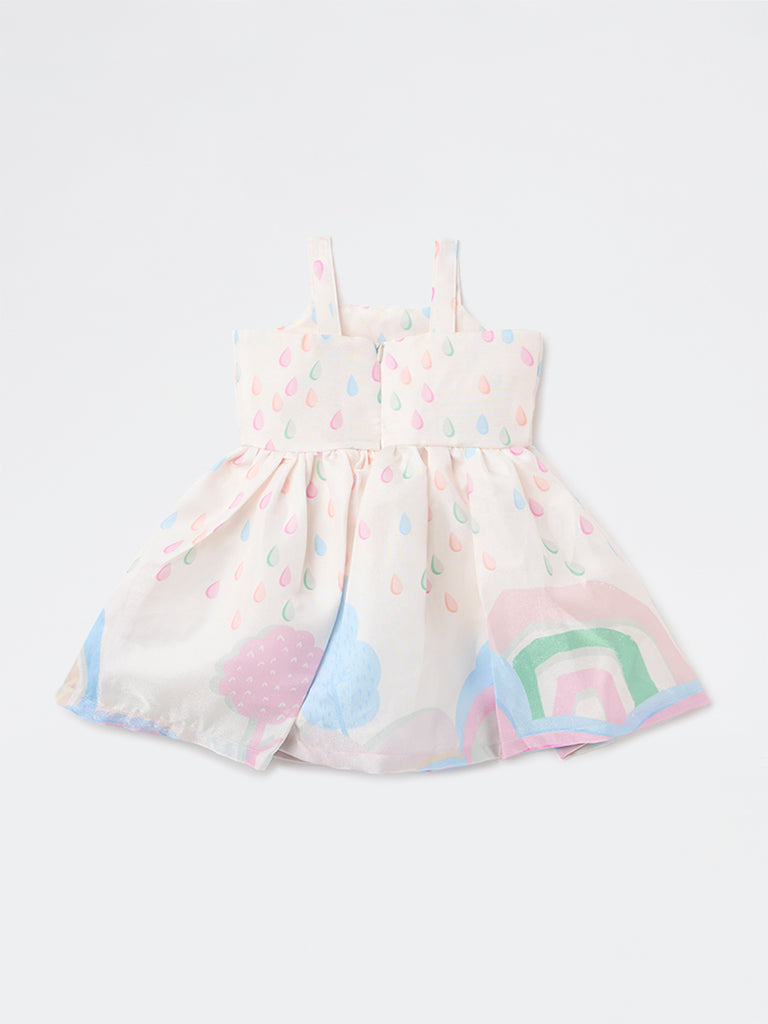 HOP Baby Girls White Printed Fit-and-Flare Dress