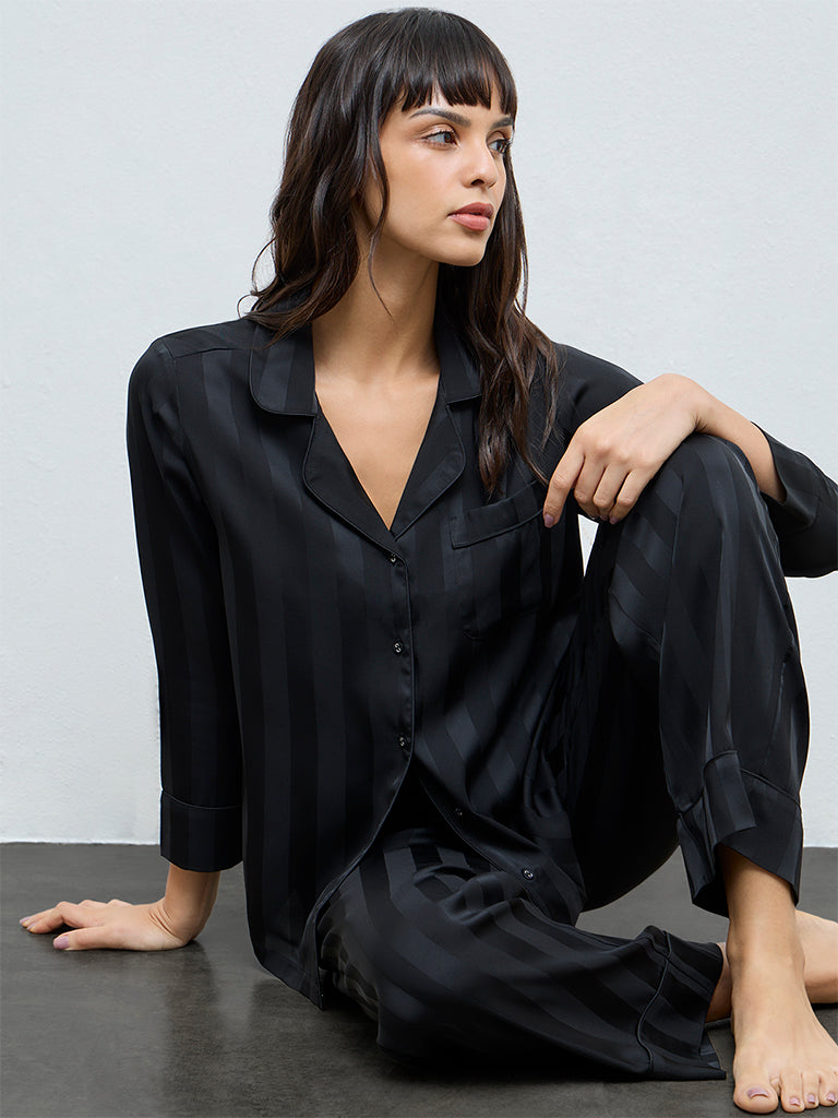 Wunderlove Black Striped Satin Shirt and Pyjamas Set