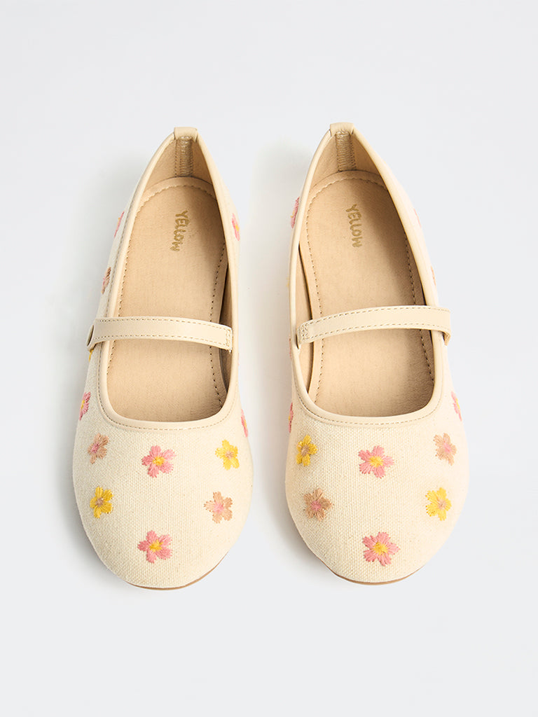Yellow Beige Floral Embroidered Ballerinas
