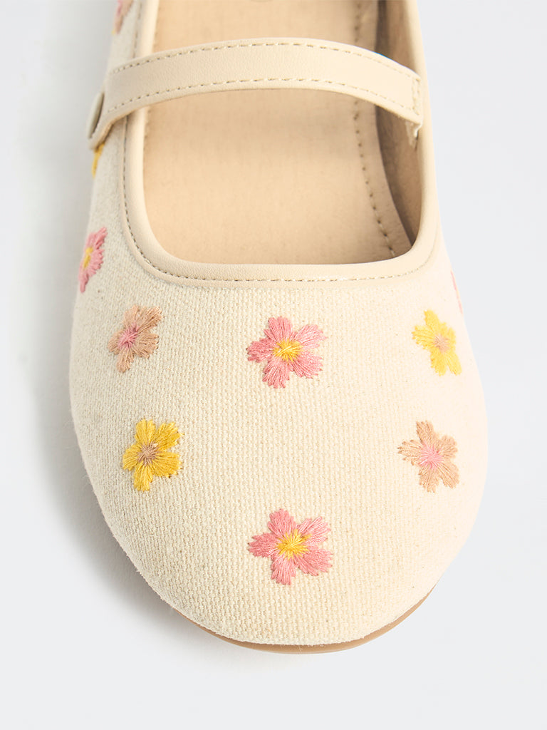 Yellow Beige Floral Embroidered Ballerinas
