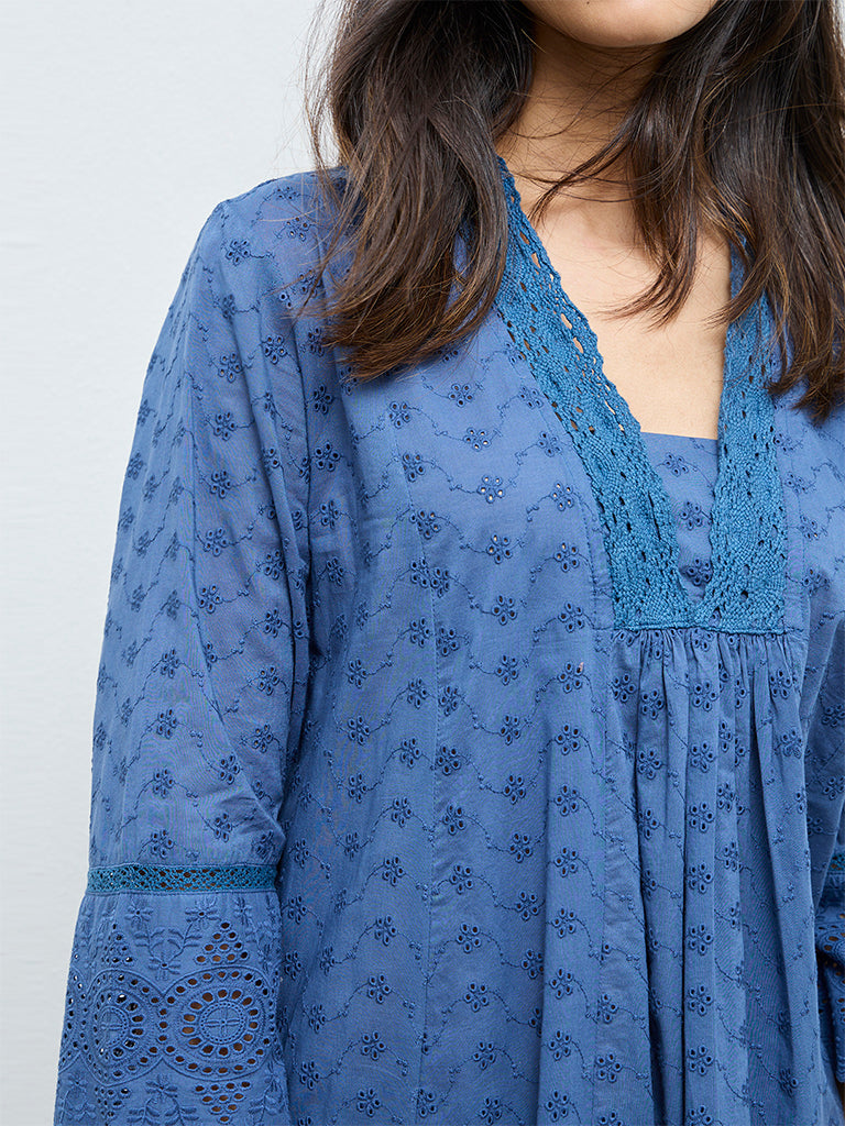 Zuba Indigo Schiffli Embroidered Anarkali Kurta