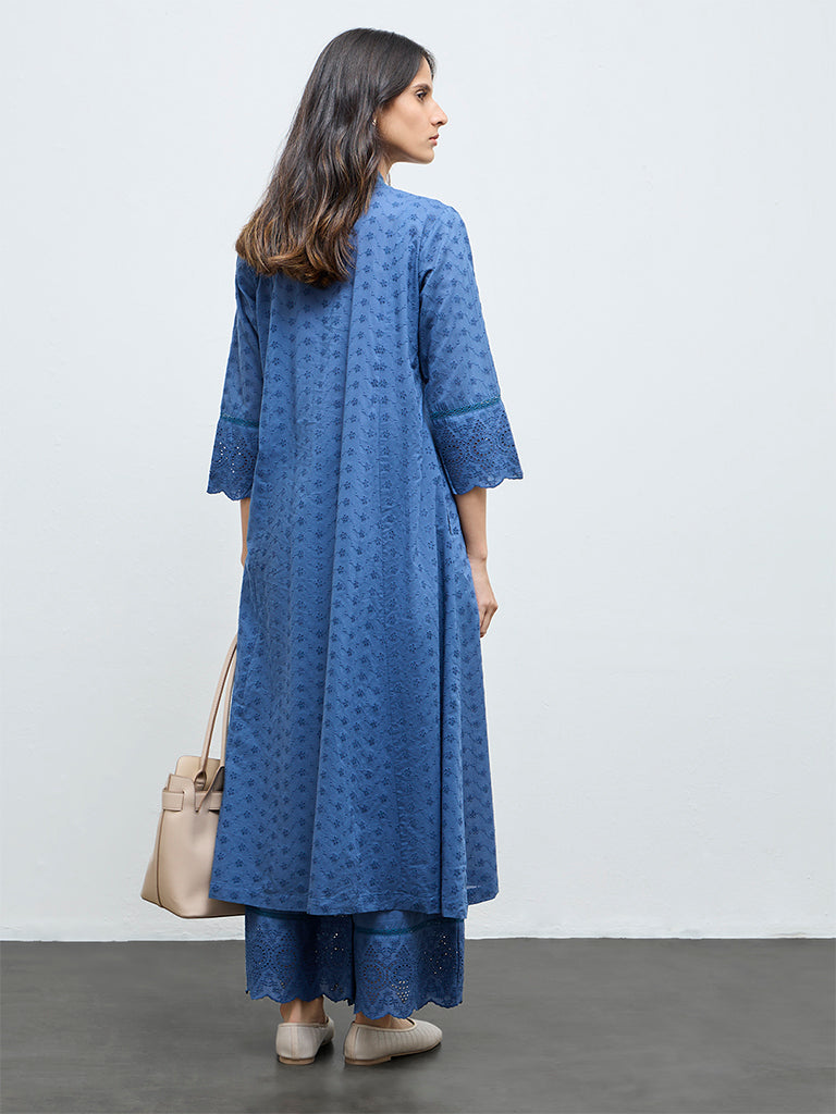 Zuba Indigo Schiffli Embroidered Anarkali Kurta