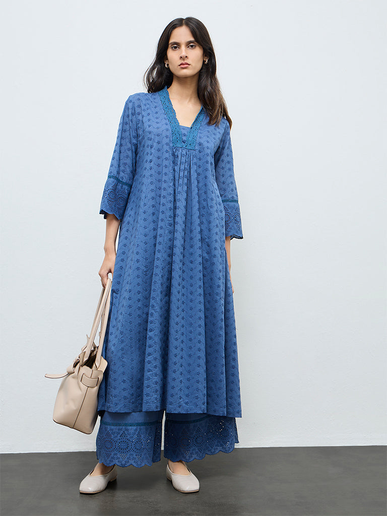 Zuba Indigo Schiffli Embroidered Palazzos