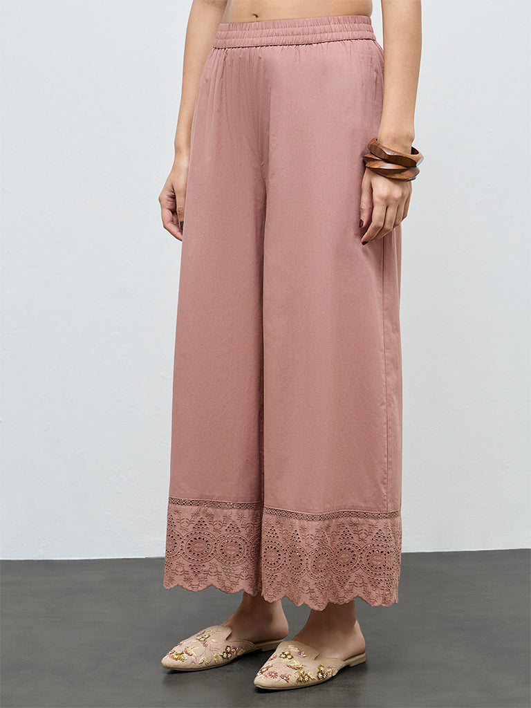Zuba Brown Schiffli Embroidered Palazzos