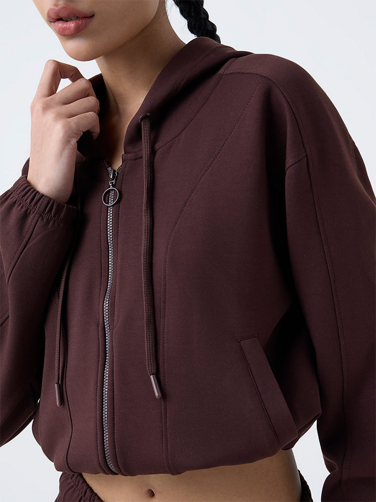 Studiofit Dark Brown Solid Hooded Jacket