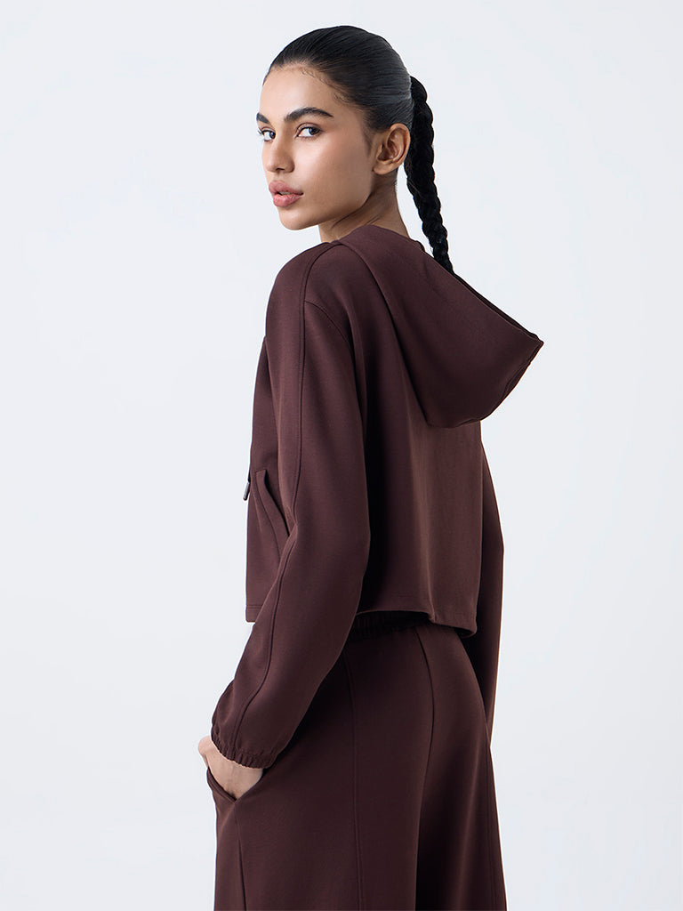 Studiofit Dark Brown Solid Hooded Jacket