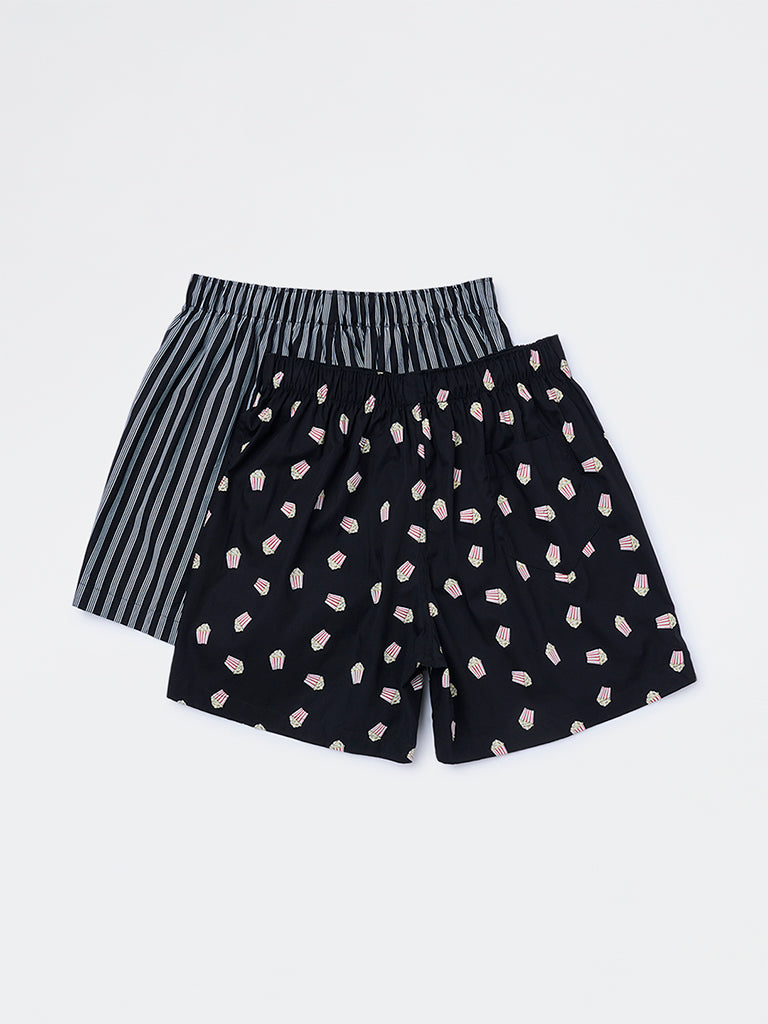 WES Lounge Black Printed Relaxed-Fit Cotton Boxers - Pack of 2