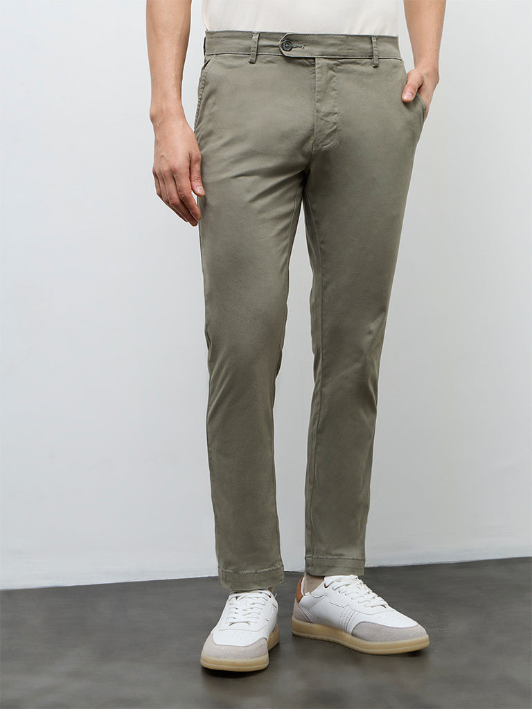 WES Casuals Olive Relaxed-Fit Mid-Rise Cotton-Blend Trousers