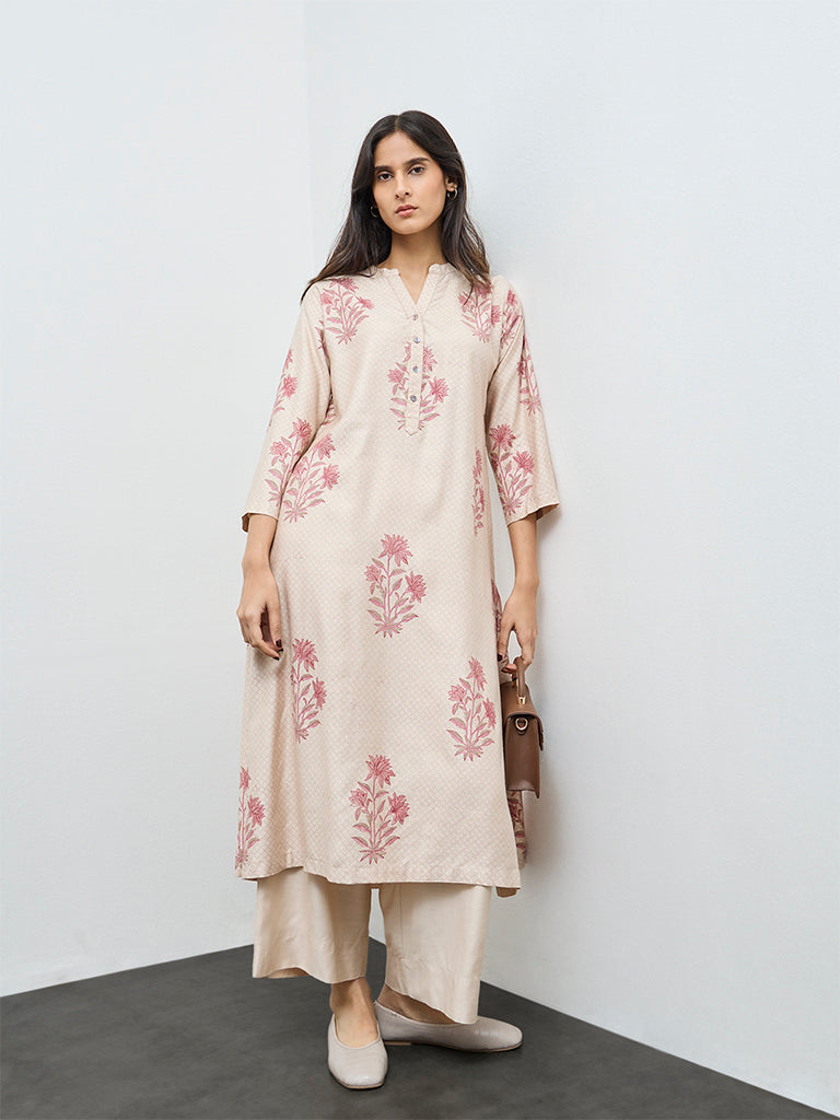 Zuba Beige Floral A-Line Kurta