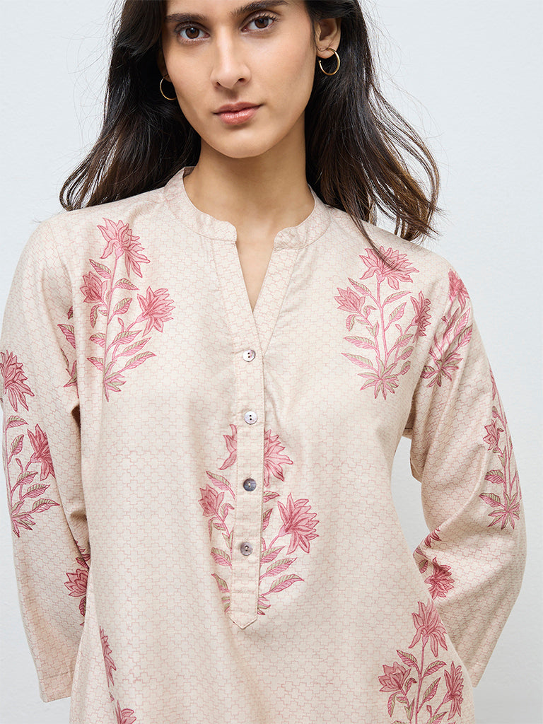 Zuba Beige Floral A-Line Kurta