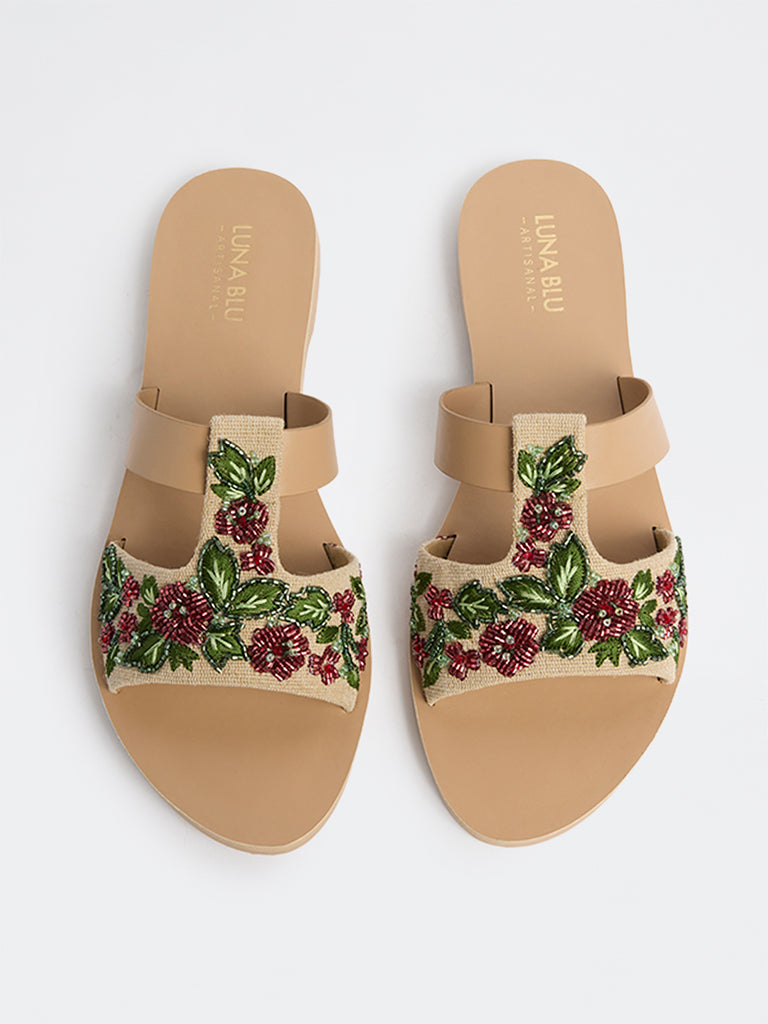 LUNA BLU Beige Floral Sequin Embellished Slides