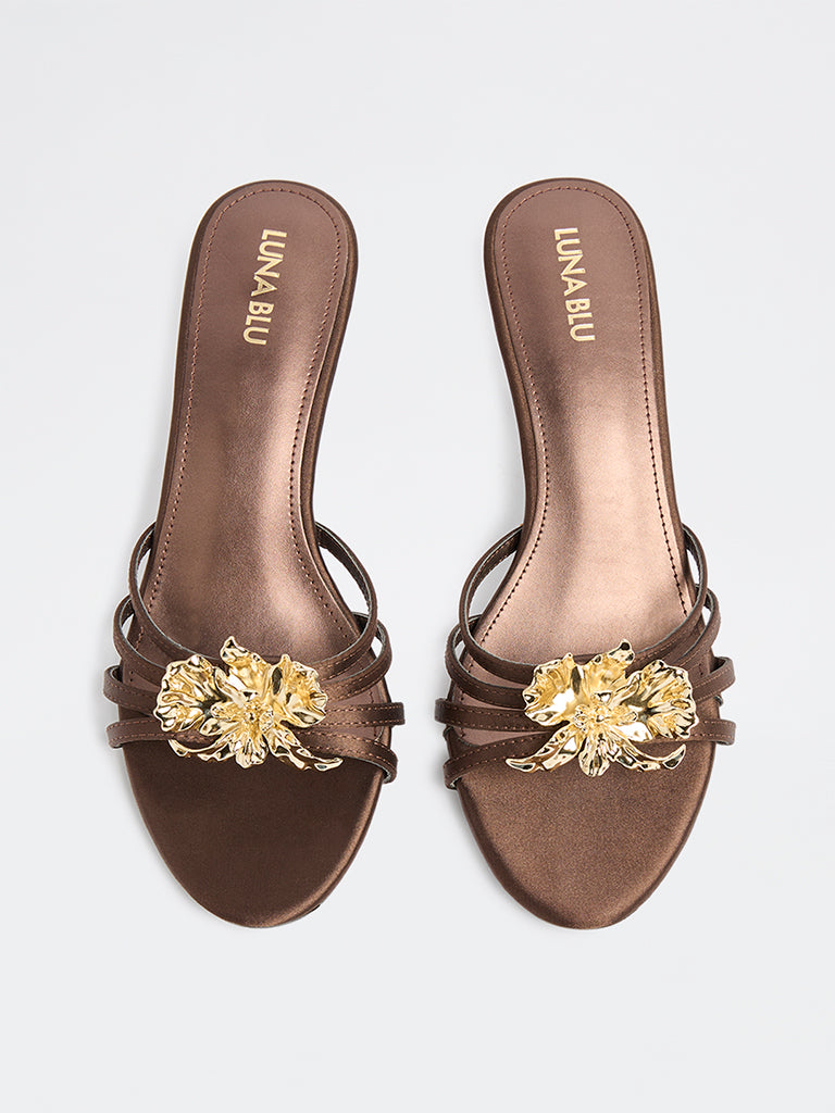 LUNA BLU Brown Multi-Strap Floral Heel Sandals