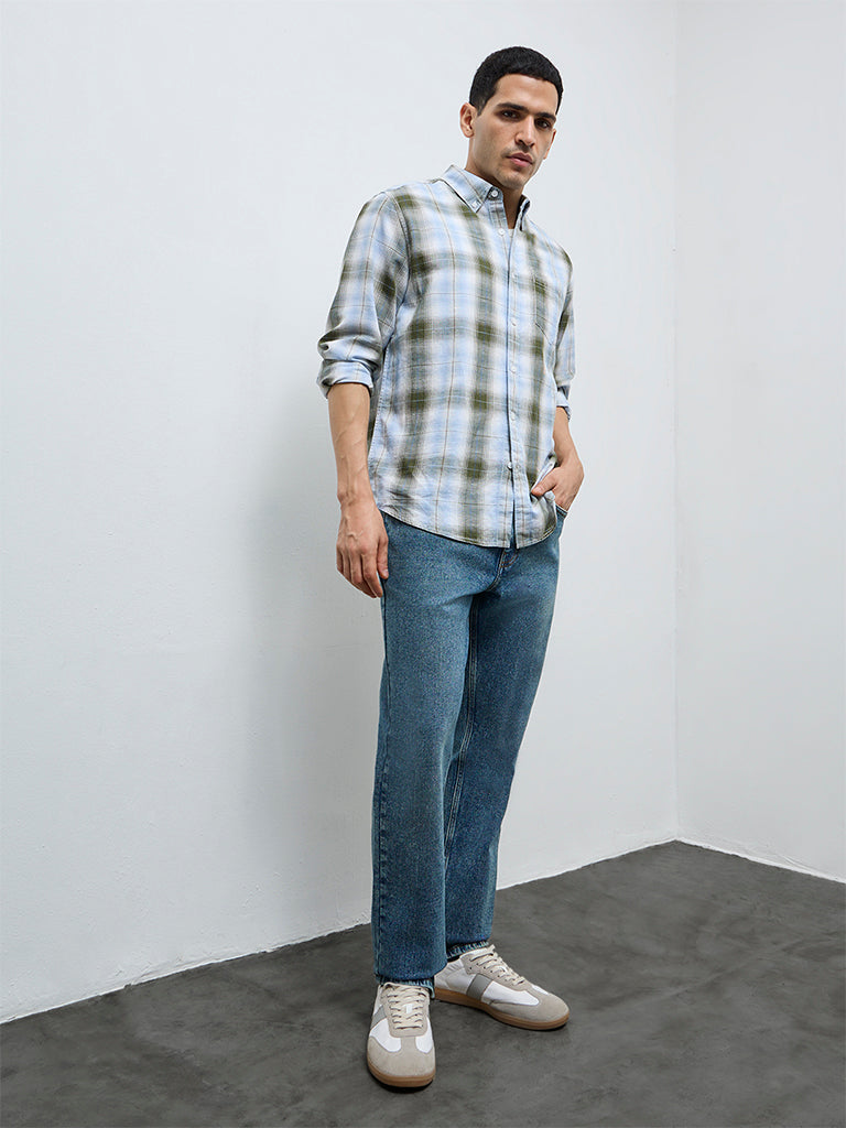 WES Casuals Olive Check Relaxed-Fit Cotton-Blend Shirt