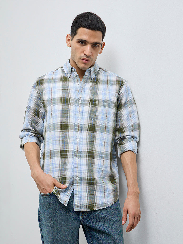WES Casuals Olive Check Relaxed-Fit Cotton-Blend Shirt